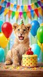 © Irina - A Joyful Lion Cub Celebrates Its Birthday With Colorful Balloons and Cake. Generative AI