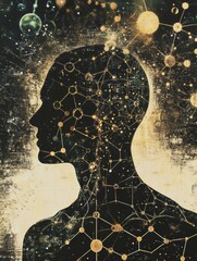 Aufkleber - The silhouette of a person is surrounded by intricate diagrams and molecular structures, evoking a blend of science and human thought. Generative AI