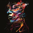 © Екатерина Каболова - Abstract side profile of a woman's face with colorful neon brushstrokes on black background. Digital art portrait with vibrant flowing lines and expressive motion. Generative AI