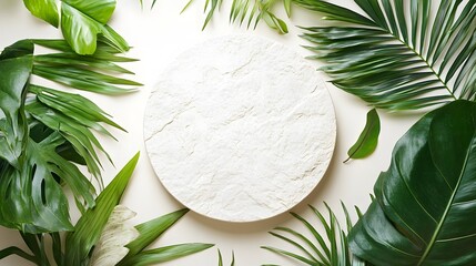 Wall Mural - White Round Platform Surrounded by Lush Green Tropical Leaves.