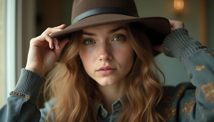 young woman with long wavy hair wearing brown hat, looking thoughtfully at camera. Her expression is calm and introspective, set against soft background