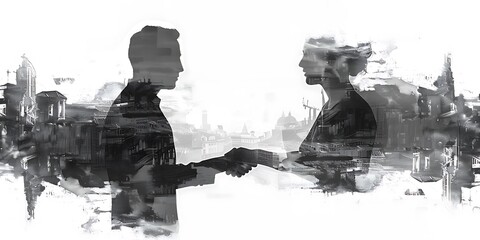 Wall Mural - Silhouettes of a man and woman shaking hands against an abstract, blurred background, symbolizing connection and collaboration.