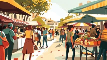 Canvas Print - A bustling outdoor market scene with people shopping and vendors selling produce.