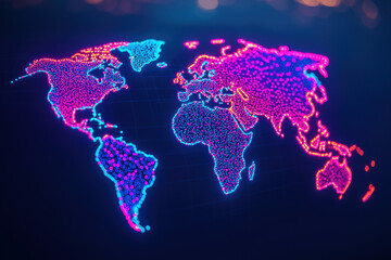 Wall Mural - a vibrant digital map of the world, illuminated with colorful neon lights, showcasing global connect