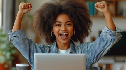 african american woman raising hands up expressing emotions of happiness, success, work done and luc