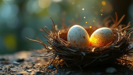 Two speckled eggs sit cozily in a rustic nest made of twigs and small branches. Sunlight filters through the leaves, illuminating this serene moment in a natural, outdoor setting during the early morn