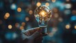 © yenart - A hand holds a glowing light bulb filled with sparkling elements against a blurred background.