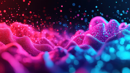 Wall Mural - Abstract vibrant waves of color create a mesmerizing landscape, blending shades of pink, blue, and purple with sparkling particles in the air.