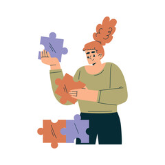 Aufkleber - Woman Character with Jigsaw Puzzle as Productive Team Member Vector Illustration