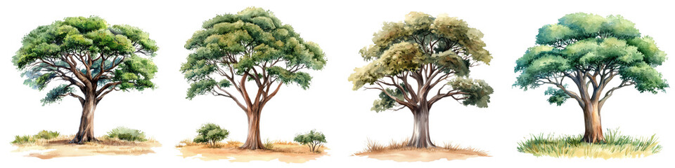 Vibrant watercolor showcasing the majestic baobab trees in various African landscapes from lush savannas to arid deserts capturing the diverse and enchanting beauty of the natural environment