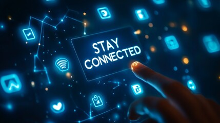 A finger pointing at a glowing button that reads 'Stay Connected' on a screen with social media icons.