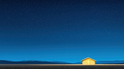 Sticker - A serene night landscape featuring a solitary log cabin under a starry sky, surrounded by gentle hills and expansive grassland.