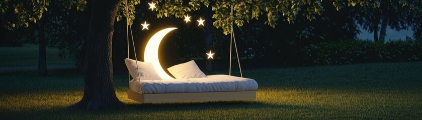 Sticker - A serene night scene featuring a cozy bed under a tree with a glowing crescent moon and stars, creating a tranquil and dreamy atmosphere.