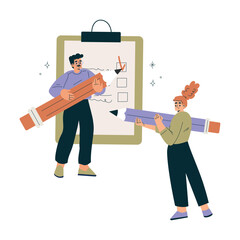 Aufkleber - Productive Team with Business Man and Woman with Checkbox List Work Together Vector Illustration