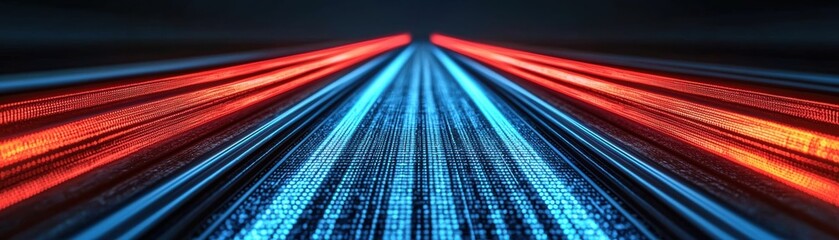 Wall Mural - dynamic abstract road with vibrant red and blue light trails, representing speed and technology in a