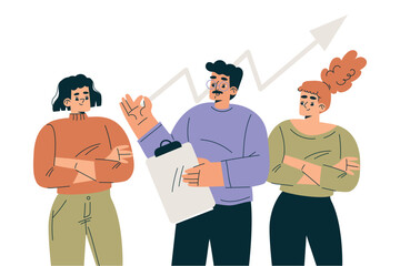 Wall Mural - Productive Team with Business Man and Woman at Growing Chart Work Together Vector Illustration