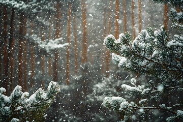 Wall Mural - Snowfall gently settles on evergreen trees in a winter forest