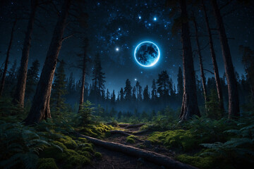 Glowing forest under starry sky with giant planet and rings, blending a magical balance of worlds