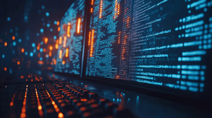Close-up of Computer Screen with Blue Code and Orange Lights