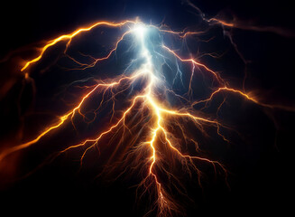 Poster - A dramatic image of two bolts of lightning striking each other against a dark background. The lightning is bright, with a yellowish orange color at the bottom and a blueish white color at the top.