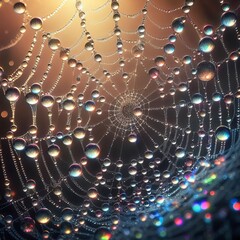 Dew on a Spider Web A macro shot capturing tiny dew drops on a s