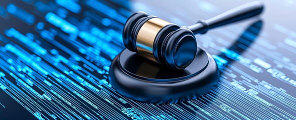 The gavel is displayed against a digital background, representing how technology is influencing the legal process.