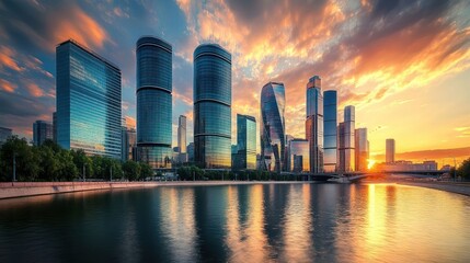 Wall Mural - A stunning sunset casts a golden glow over a modern cityscape, highlighting the towering skyscrapers reflected in the calm water.