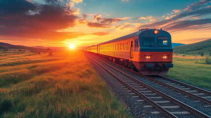 Wall Mural - Train at Sunset: A train speeds through a picturesque landscape, illuminated by the warm glow of a setting sun, creating a serene and inspiring scene. 