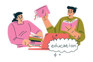 Aufkleber - Productive Workflow with Man and Woman with Books Enjoy Education Managing Task Vector Illustration