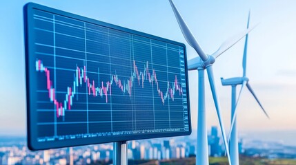 Wall Mural - A graph of the stock market surrounded by wind turbines, illustrating the rise in energy costs and the shift towards sustainable energy alternatives