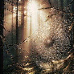 Wall Mural - Spider Web Between Two Branches A spider web stretched between t