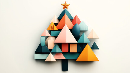 Wall Mural - geometric abstract christmas tree composed of colorful triangular and rectangular shapes with a star