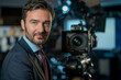 © Tetiana - Generative AI professional male female Television Reporter in broadcast Studio with Camera
