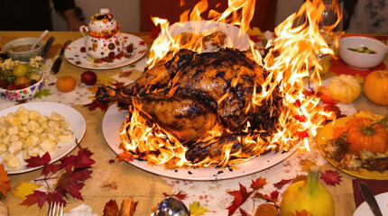 Wall Mural - A Thanksgiving turkey is on fire and smoking, overcooked, dry and inedible.