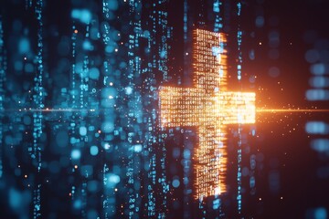 Abstract digital cross symbolizing health and technology, featuring glowing binary numbers and a futuristic background representing innovation and medical advancements.