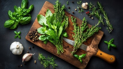 Wall Mural - Chopping fresh herbs with a knife on wooden board