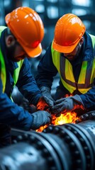 Wall Mural - Two workers in safety gear handle hot materials in an industrial setting, showcasing teamwork and caution in a factory environment.