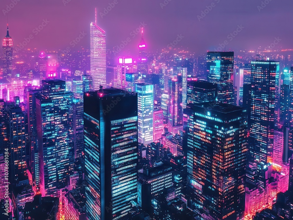 futuristic cityscape illuminated at night with vibrant lights and ...