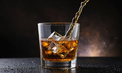 A glass of whiskey with ice is being poured on a black surface