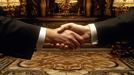 Fototapete - Customer and service agent shaking hands across a desk, with a warm and welcoming atmosphere, symbolizing trust and reliability with side empty space for text Stockphoto style