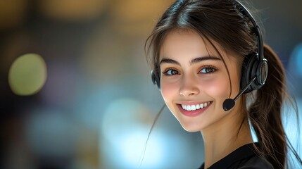 Wall Mural - Customer support agent on a call with a client, displaying attentiveness and reliability in a professional call center with side empty space for text Stockphoto style