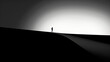 © W - A man is walking down a hill with a skateboard. The image is black and white, giving it a somber and melancholic feel