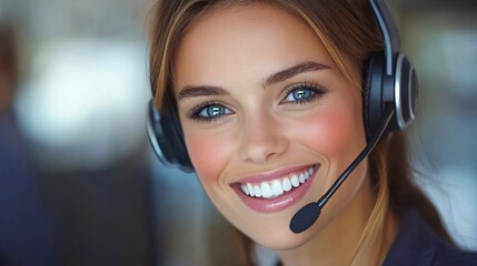 Fototapete - Smiling customer service agent talking on a headset, with helpful resources like a notepad and laptop on the desk, conveying readiness to assist with side empty space for text Stockphoto style