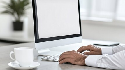 Wall Mural - Support agent responding to an email on a desktop, with a cup of coffee and organized workspace, capturing efficiency in a friendly setting with side empty space for text Stockphoto style