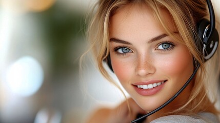 Fototapete - Professional customer service agent using a headset, looking at a screen with focused attention, conveying reliability with side empty space for text Stockphoto style