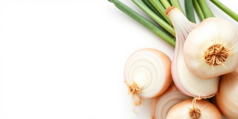 Wall Mural - Fresh and vibrant bulbs of onion with green stems, showcasing their natural textures and layers, texture, white background, healthy