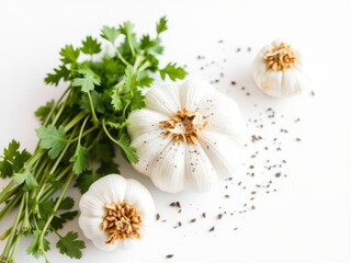 Wall Mural - Fresh garlic bulbs placed in a neat row on a clean white background, kitchen, food, herb