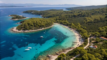 Wall Mural - Aerial View of the Crystal Clear Adriatic Sea and Hidden Beaches of Maslinica, Solta, Showcasing the Untouched Beauty of the Dalmatian Coastline in Croatia