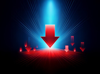 Aufkleber - A large red arrow points down towards a blue spotlight surrounded by smaller red arrows in a dark, radial background.