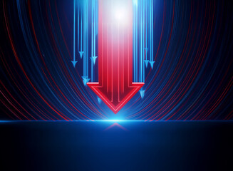 Aufkleber - A large red arrow pointing down, surrounded by smaller blue arrows pointing upwards.  All arrows are glowing and set against a dark background with blue and red lines.